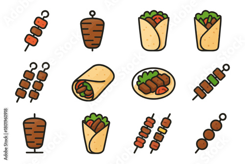 Variety of kebab and wrap icons featuring skewers and shawarma illustrations.