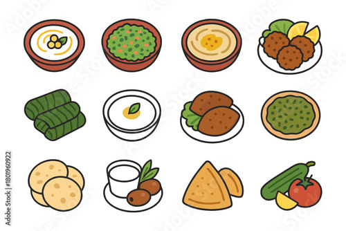 Assorted middle eastern dishes with hummus, falafel, and stuffed grape leaves.