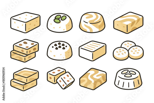 Assorted tofu varieties: diverse shapes and flavors of plant-based cuisine.