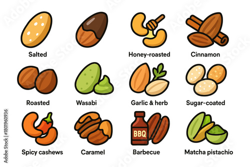 Variety of nuts and flavors: salted, honey-roasted, cinnamon, wasabi, barbecue, and more.