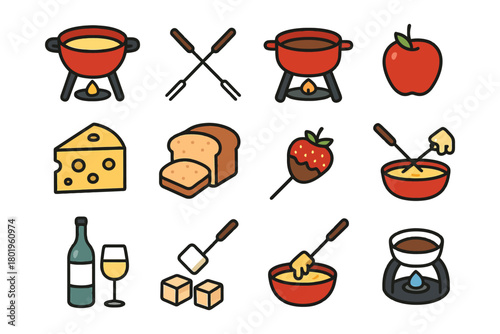 Cheese fondue and ingredients: melting pot, fondue forks, bread, wine, fruit, chocolate.
