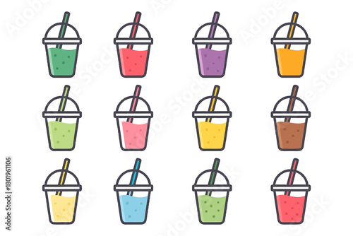 Colorful assorted bubble tea cups with straws.