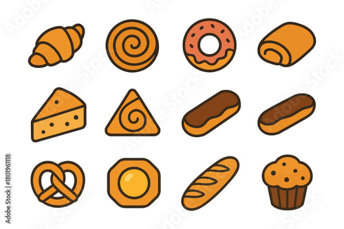 Assorted bakery icons: croissant, donut, cheese, eclair, pretzel, muffin.