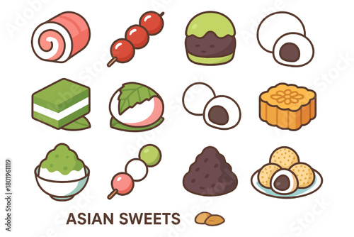 Assorted asian sweets and desserts collection in cute illustrations.