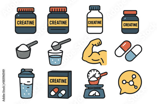 Creatine supplement icons: jars, powder, pills, shaker, measuring cup, muscle arm, molecule.