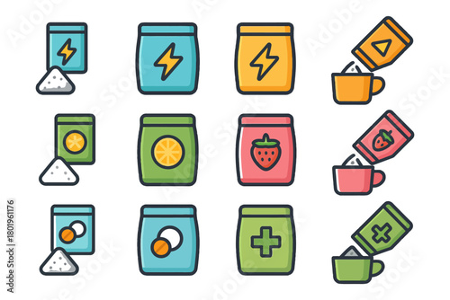 Colorful beverage mix icons with various flavor symbols and actions.