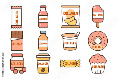 Assorted collagen-infused snacks and beverages on white background.