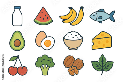 Healthy food icons: milk, watermelon, bananas, fish, avocado, eggs, rice, cheese, cherries, broccoli, walnuts, mint.