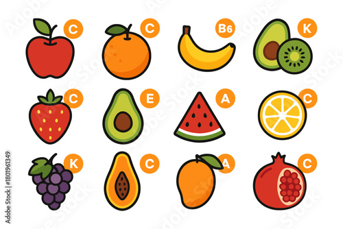 Colorful cartoon illustrations of vitamin-rich fruits.