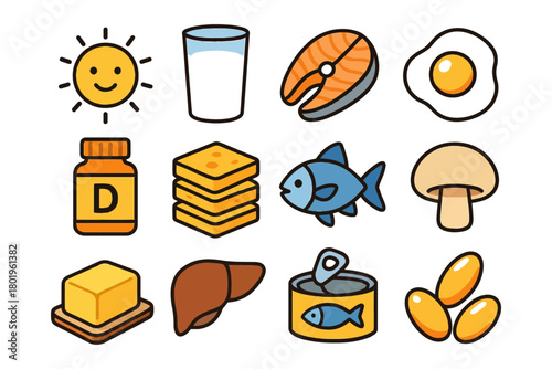 Vitamin d sources: sun, milk, salmon, eggs, fish, and supplements illustration.
