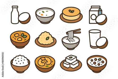 Cartoon icons of diverse asian cuisine dishes with rice noodles and eggs.