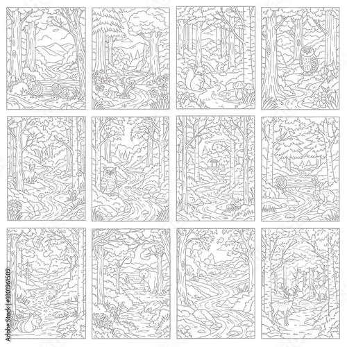 Collection of Twelve Detailed Forest Scenes for Coloring Book Featuring Trees Foliage and Natural Elements in a HandDrawn Style.