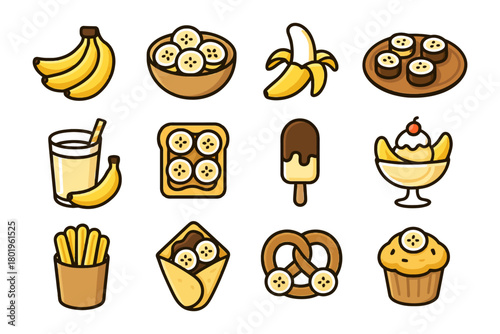 Banana-inspired foods and snacks: desserts, beverages, and treats collection.