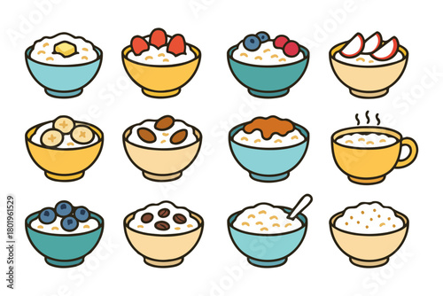 Illustrated assorted oatmeal bowls with fruit, nuts, and honey toppings.