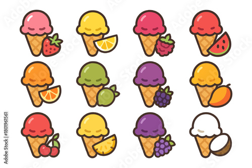 Colorful cartoon ice cream cones with fruit flavors in waffle cones.