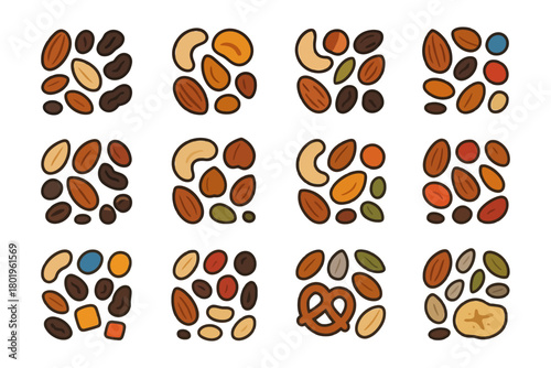 Diverse nut and snack arrangements in colorful grid pattern on white background.