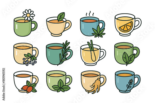Assorted herbal tea cups with different ingredients and flavors.