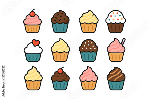 Colorful assorted cupcake collection with various toppings.