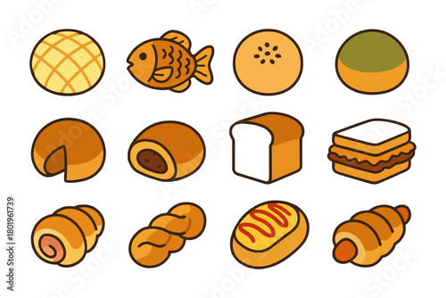 Cartoon bread and pastry varieties: fish-shaped, sandwich, sweet, round, and filled buns.