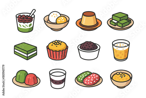 Assorted asian desserts including pudding, mochi, jelly, cake, and custard.