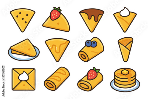 Various pancake types with toppings and fillings: strawberries, blueberries, honey.