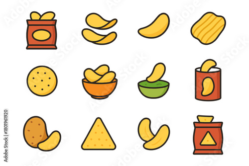 Variety of crunchy potato snacks icons on a white background.