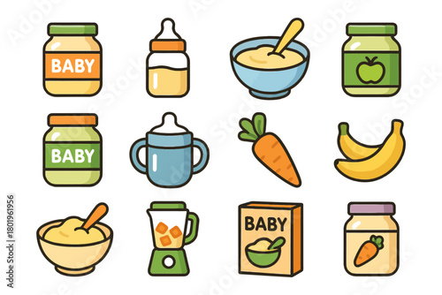 Colorful baby food icons featuring jars, bottles, bowls, and fruits.