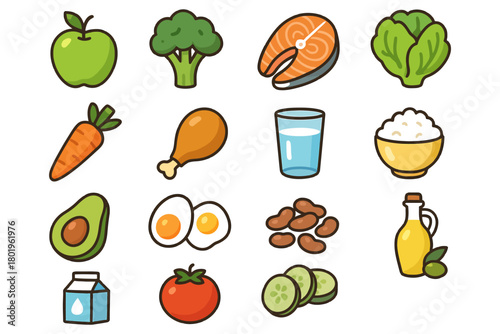 Healthy foods: fruits, vegetables, proteins, and dairy illustrations.