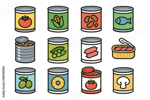 Assorted canned food icons: vegetables, fruits, fish, and meat.