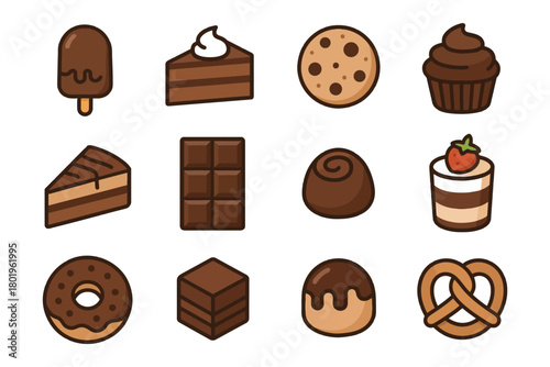 Variety of chocolate desserts and sweets illustrated on white background.