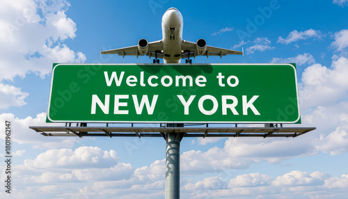 Airplane flying over New York welcome sign on a sunny day