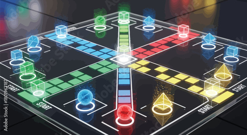 Ludo board game with glowing pieces and futuristic design for family fun time