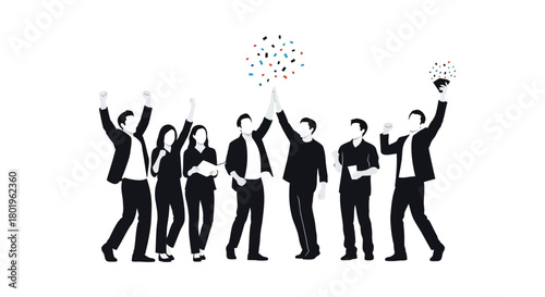 Diverse business team celebrating success with confetti and raised arms in a unified gesture of achievement