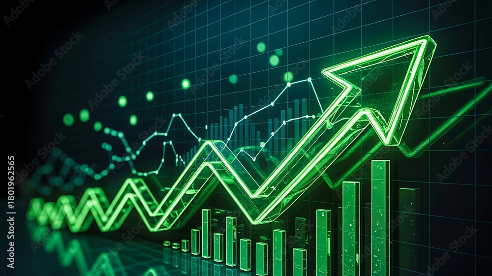Naklejka premium Green Financial Growth Chart with Rising Arrow and Data Analytics on Digital Grid Background