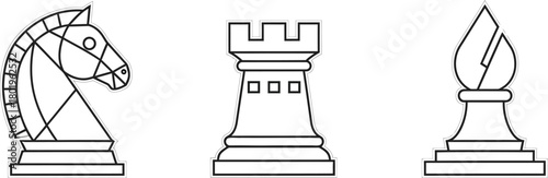 Chess pieces knight rook and bishop in a simple black and white line drawing