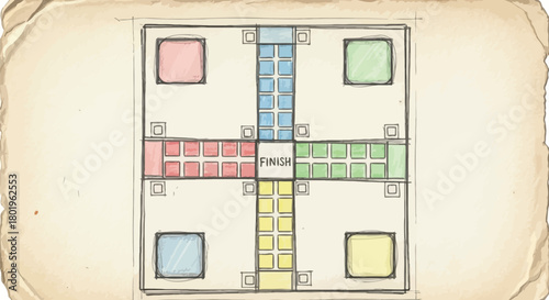 Hand drawn ludo board game with red blue green and yellow starting squares