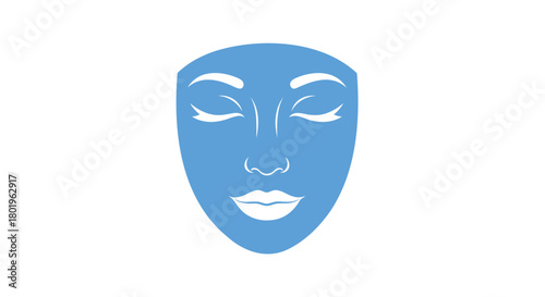 Stylized blue tribal mask with closed eyes and open lips on white background