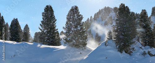 Winterlandschaft in den Alpen mit Schneeverwehung, Österreich, Europa, Panorama 