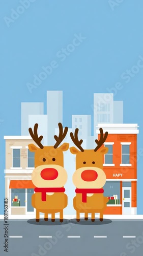 Two cute reindeer with red noses and scarves city,vertical video