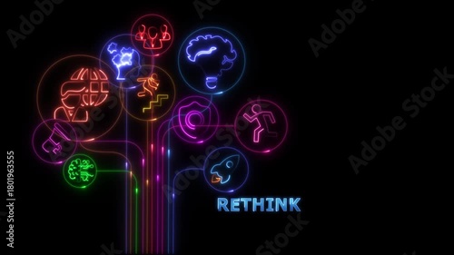 Abstract glowing rethink Concept With Connected Icons And Abstract Network On black Background