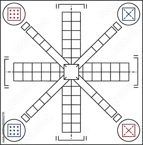 Ludo board game illustration with colorful starting positions and central path