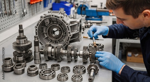 Caucasian man mechanic assembling gearbox detail in workshop. Car repair and maintenance service. Automotive and industrial engineering concept.