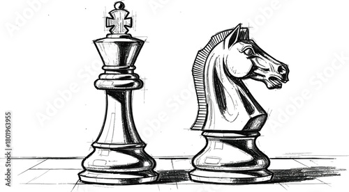 Chess king and knight pieces sketched in black and white on a chess board