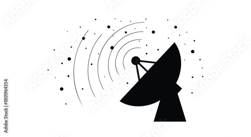 Silhouette of a satellite dish transmitting radio waves and data signals into the starry night sky