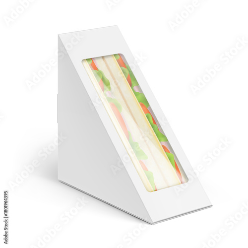 Triangular sandwich box packaging mockup. Vector illustration isolated on white background. Half side view. Can be use for template your design, presentation, promo, ad. EPS10.