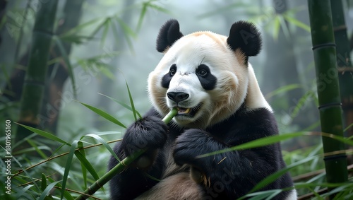 Giant panda peacefully eating bamboo in a lush green bamboo forest habitat.