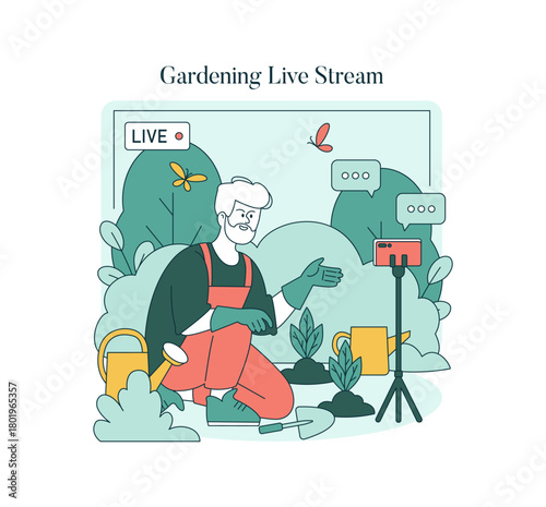 Gardener Hosting Live Stream on Plant Care Vector Illustration