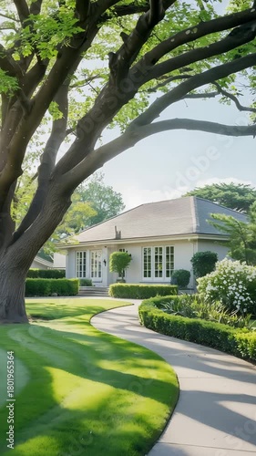 Large single-story house with manicured lawn and winding pathway home residential