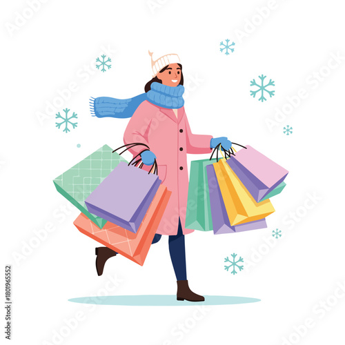A woman in winter clothing happily carrying many shopping bags in the snow.