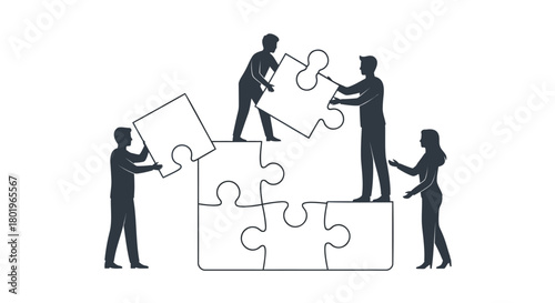 Diverse team of business people collaborating to assemble a large puzzle representing success and teamwork